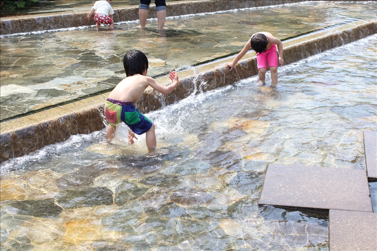 郷土の森博物館のじゃぶじゃぶ池で遊ぶ児童たち